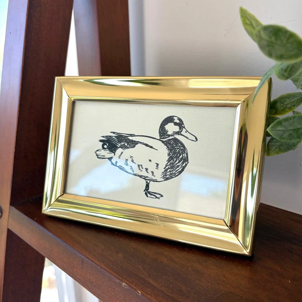 Vintage Mallard Duck Sketch Art Print in Polished Brass Frame Gold Tone 4.5x6.5